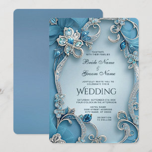 Blue Ornate Floral Wedding Invitation
