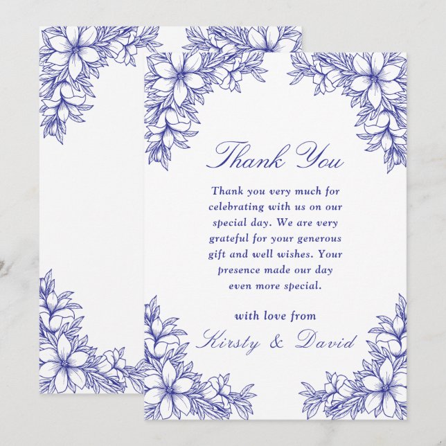 Blue Ornate Floral Wedding Thank You Card (Front/Back)