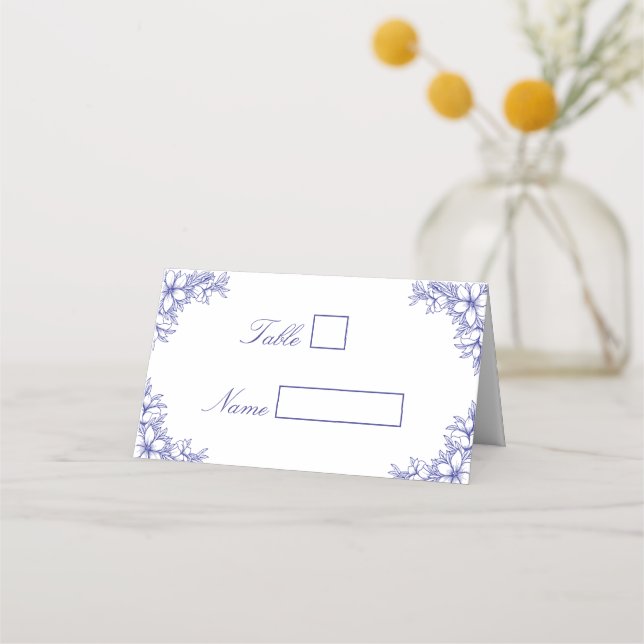 Blue Ornate Floral Wedding Venue Place Card (Front)
