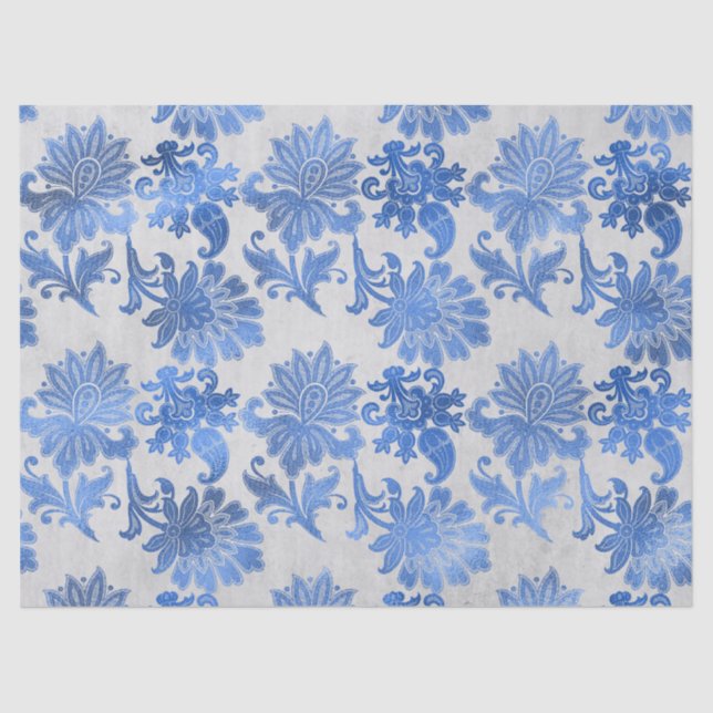 Blue Ornate Flowers on White Decoupage Tissue Paper (Front)