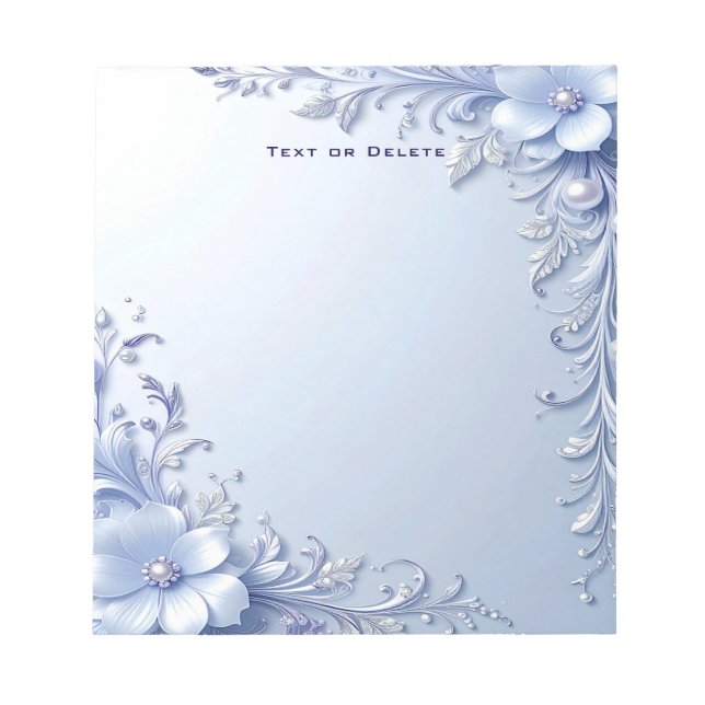 Blue Ornate Flowers with Pearls Notepad (Front)