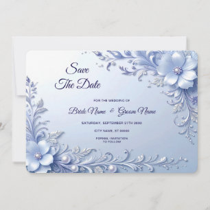 Blue Ornate Flowers with Pearls Save The Date