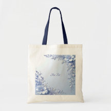 Blue Ornate Flowers with Pearls Tote Bag