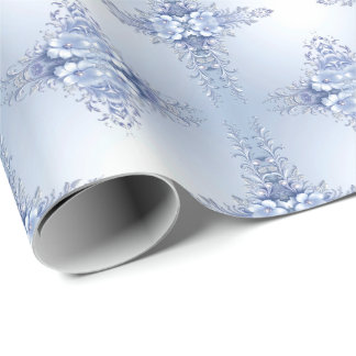 Blue Ornate Flowers with Pearls Wrapping Paper