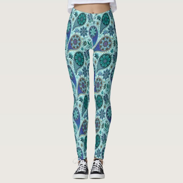 Blue Ornate Paisley Pattern Leggings (Front)