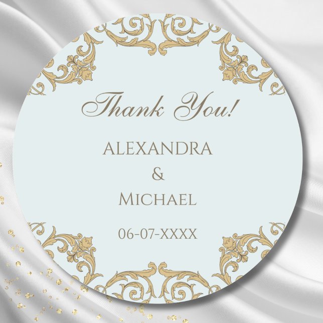 Blue Ornate Rococo Victorian Wedding Thank You Classic Round Sticker (Creator Uploaded)
