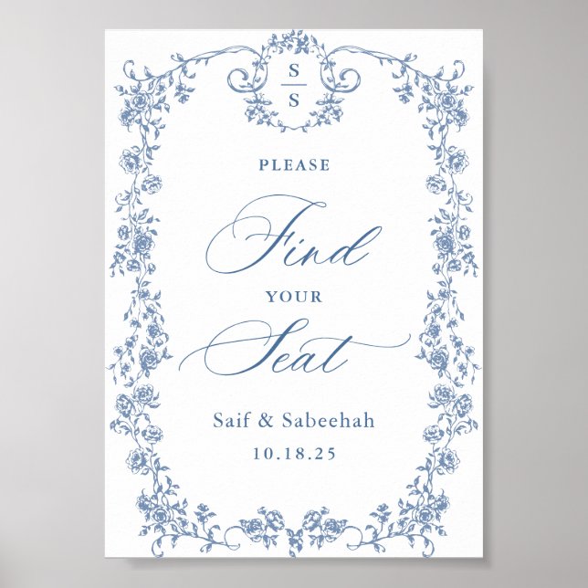 Blue Ornate Victorian Grace Find Your Seat Sign (Front)