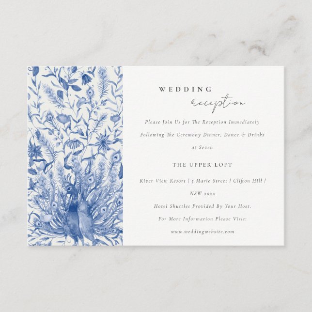 Blue Ornate Watercolor Peacock Wedding Reception Enclosure Card (Front)