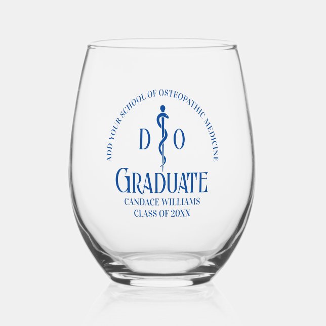Blue Osteopathic Medical School Graduation Stemless Wine Glass (Front)