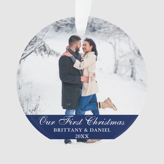 Blue Our First Christmas Couple Photo Ornament (Front)