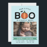 Blue Our Little Boo Finally Here Halloween Baby Announcement<br><div class="desc">Announce your Halloween baby boy with this cute pumpkin themed baby announcement card in blue with Our little Boo is finally here written at the top. A pumpkin replaces one O and a ghost dances in the other O. Add your baby boy's name in white on a green label.</div>