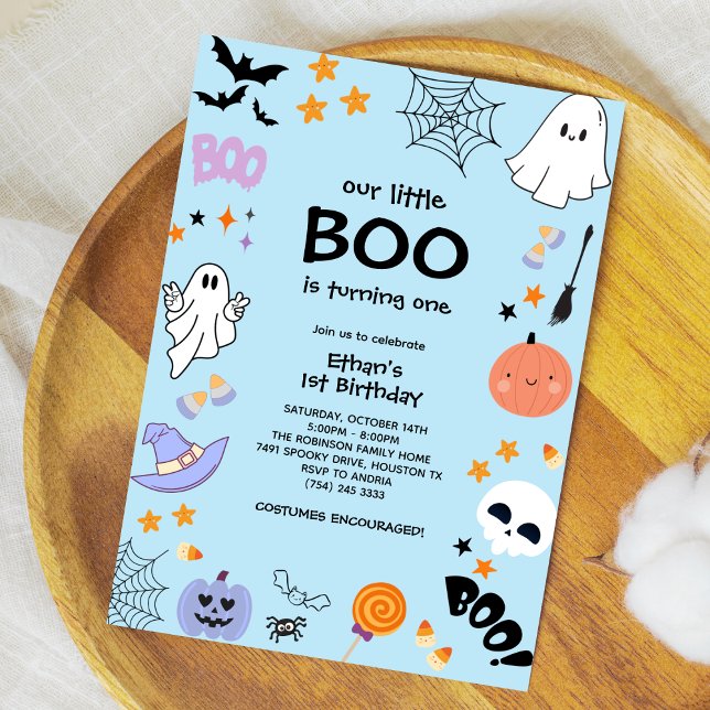Blue Our Little Boo Halloween 1st Birthday  Invitation (Blue Our Little Boo is Turning One Boy Halloween 1st Birthday Invitation )