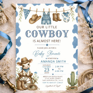 Blue Our Little Cowboy Baby Shower Clothesline Invitation