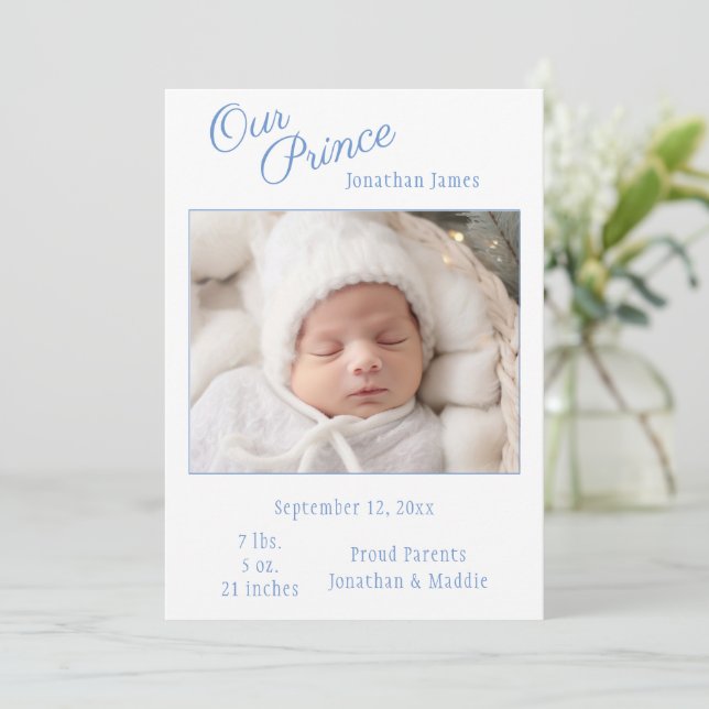 Blue Our Prince Photo Boy Baby Birth Announcement (Standing Front)