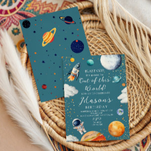 Blue Out of This World Rocket & Astronaut Kids  Invitation