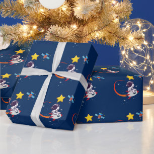 Blue Outer Space Astronaut Rocket Wrapping Paper