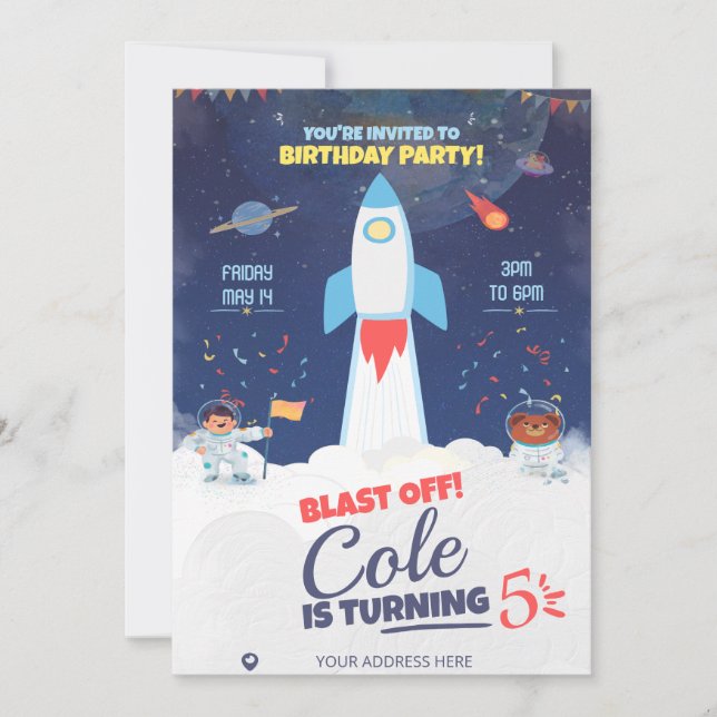 Blue Outer Space Birthday, Astronaut Birthday  Invitation (Front)