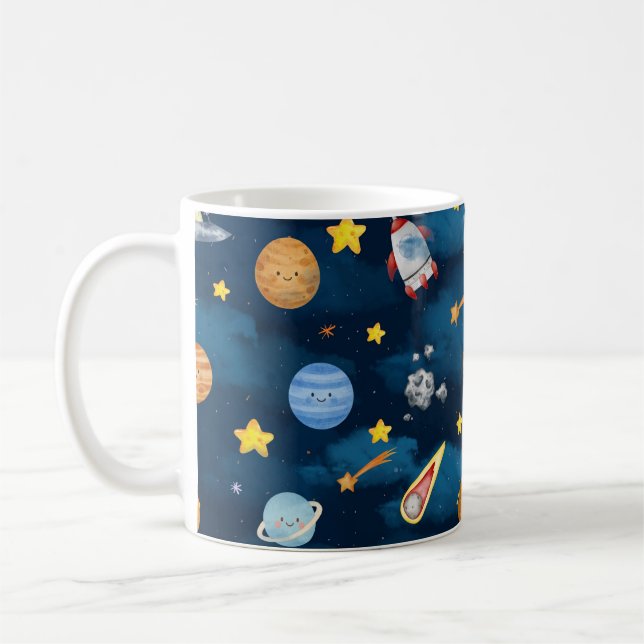  Blue Outer Space Planets Seamless Pattern Coffee Mug (Left)
