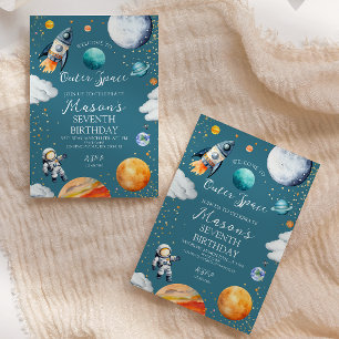 Blue Outer Space Rocket & Astronaut Kids Birthday Invitation