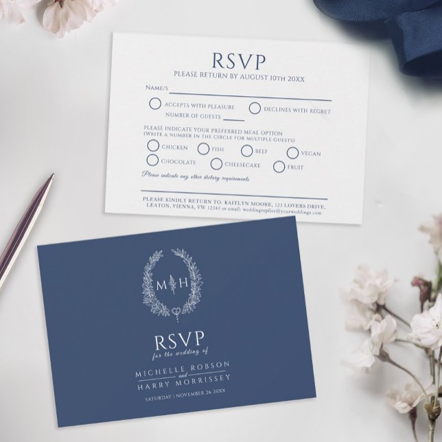 Blue oval leaf monogram meal option wedding event RSVP card (Creator Uploaded)