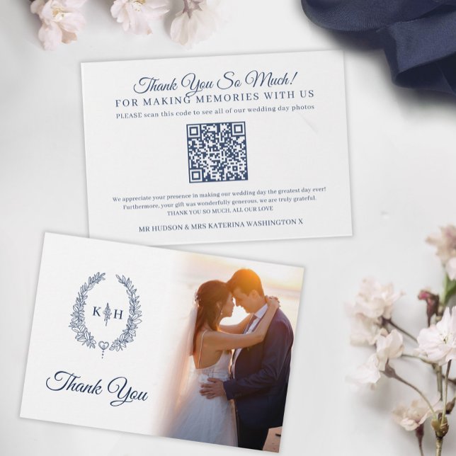 Blue oval leaves monogram wedding Photos QR Code Thank You Card (Creator Uploaded)