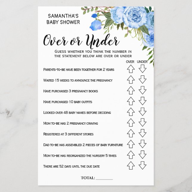 Blue Over or under baby shower bilingual game card (Front)