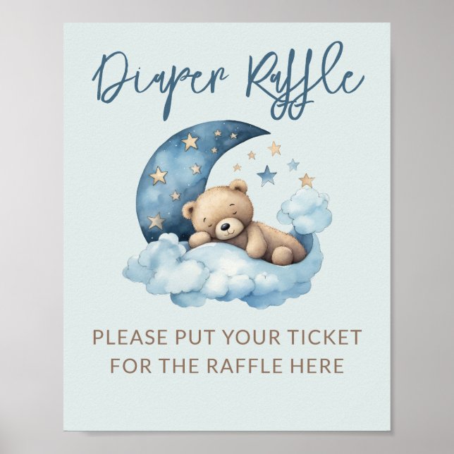 Blue Over the Moon Baby Shower Diaper Raffle Poster (Front)