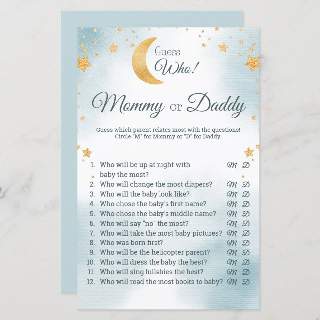 Blue Over the Moon Baby Shower Guess Who Game (Front/Back)
