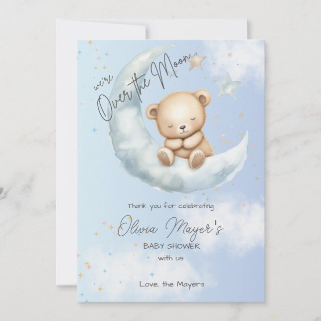 Blue Over the Moon Bear Baby Shower Thank You Card (Front)