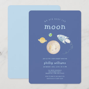 Blue Over The Moon Spaceship Rocket Baby Shower Invitation