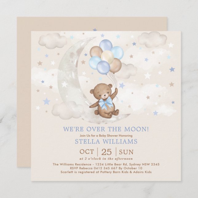 Blue Over the Moon Teddy Bear Balloons Baby Shower Invitation (Front/Back)