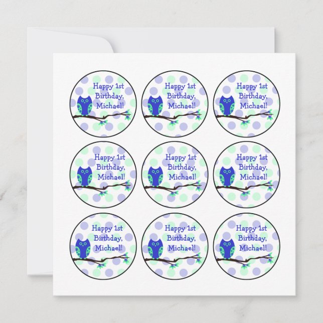 Blue Owl 1st Birthday Cupcake Toppers Invitation (Front)