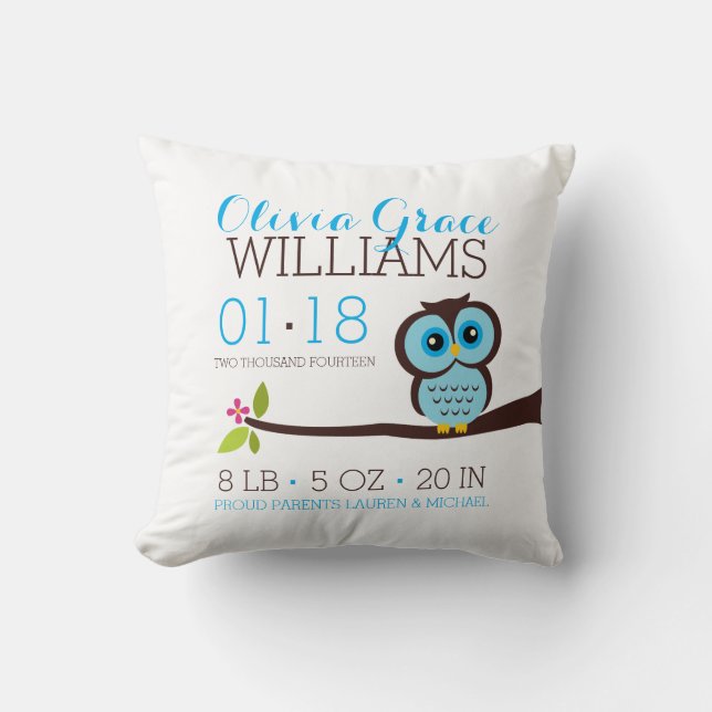 Blue Owl Baby Birth Announcement Cushion (Front)