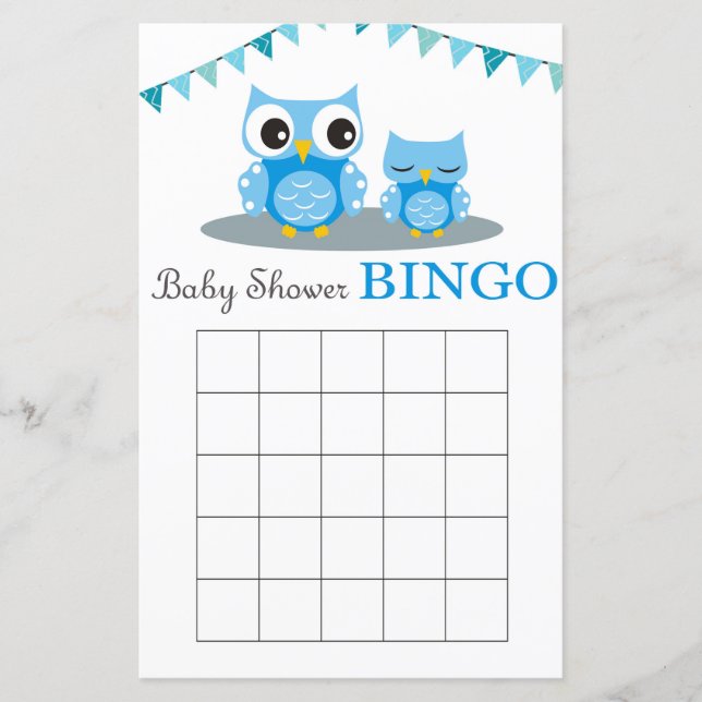 Blue Owl baby shower bingo card (Front)