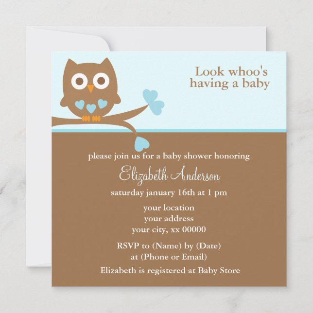 Blue Owl Baby Shower Invitation (Front)