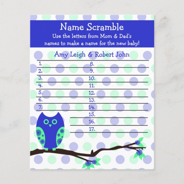 Blue Owl Baby Shower Personalised Game (Front)