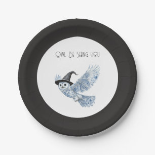 Blue Owl Be Seeing You Black White Halloween Paper Plate
