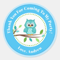 Blue Owl Boy Birthday Party Favour Stickers