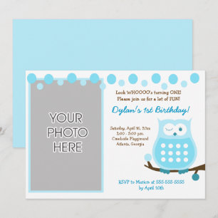 Blue Owl Boy Woodland Photo Birthday Invites