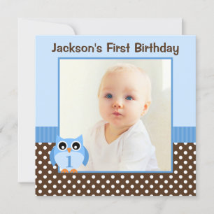 Blue Owl Brown Polka Dots 1st Birthday Boy Photo Invitation