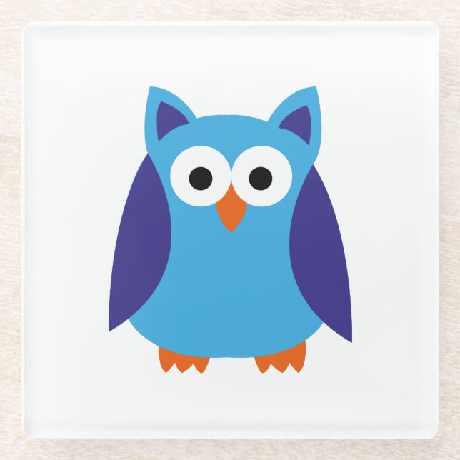 Blue owl cartoon glass coaster (Front)