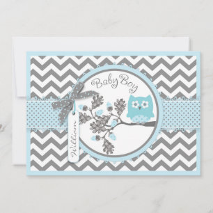 Blue Owl Chevron Print Baby Shower Invitation