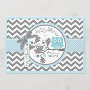 Blue Owl Chevron Print Baby Shower Invitation