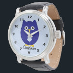 Blue Owl Design Any Colour Background Personalised Watch<br><div class="desc">Wrist watch owl design. You can customise this watch with any text and background colour of your choice. Should you require any help with customising then contact us through the message link on this page. Owl design personalised wrist watch.</div>