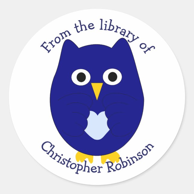 Blue Owl Design Bookplate Classic Round Sticker (Front)