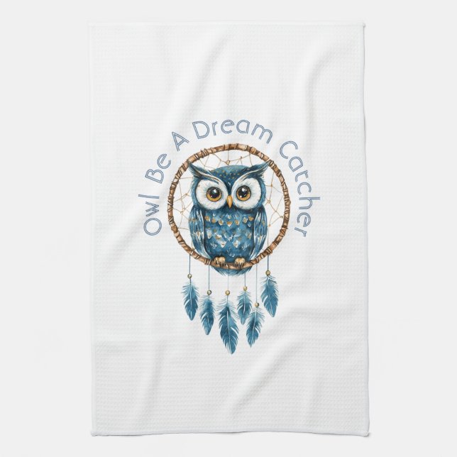 Blue Owl Dream Catcher Tea Towel (Vertical)