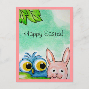 Blue Owl & Easter Bunny Postcard
