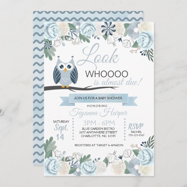 Blue Owl Floral Baby Shower Invitation (Front/Back)