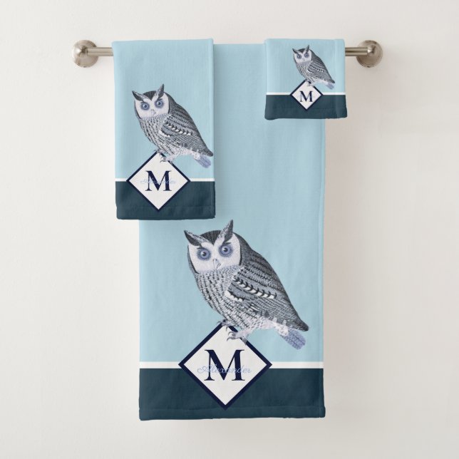 Blue Owl Grey Monogram name Bath Towel Set (Insitu)