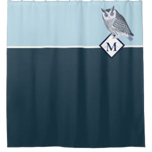 Blue Owl Grey Monogram Name Bath Towel Set Shower Curtain